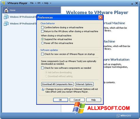 Zrzut ekranu VMware Player na Windows XP