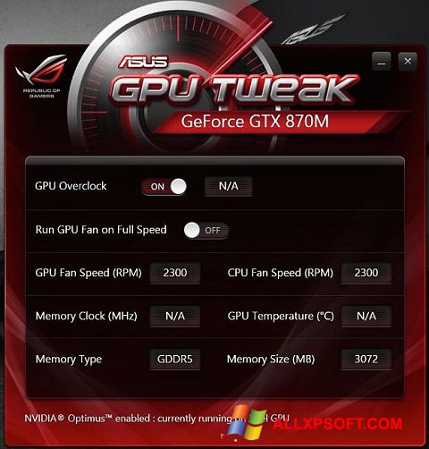 Zrzut ekranu ASUS GPU Tweak na Windows XP