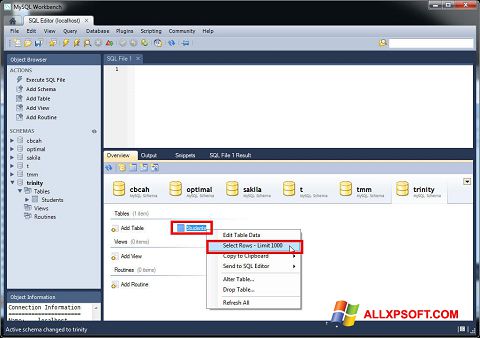 Zrzut ekranu MySQL Workbench na Windows XP