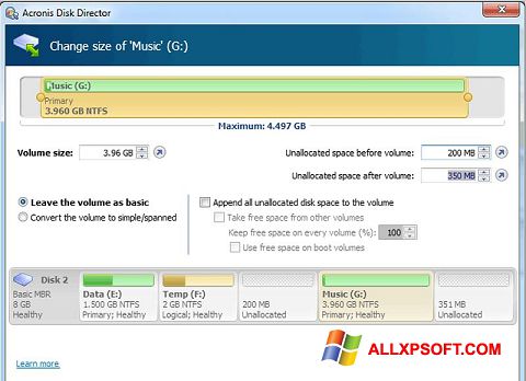 Zrzut ekranu Acronis Disk Director na Windows XP