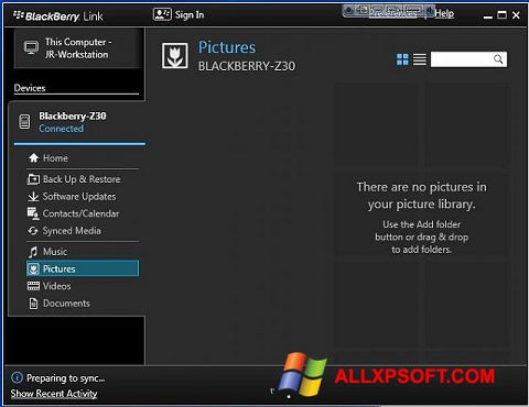 Zrzut ekranu BlackBerry Link na Windows XP