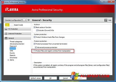 Zrzut ekranu Avira Professional Security na Windows XP