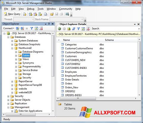 Zrzut ekranu Microsoft SQL Server na Windows XP