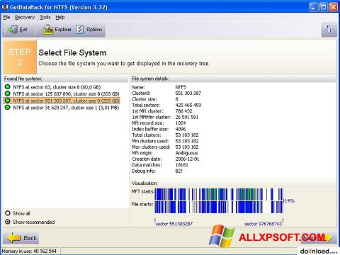 Zrzut ekranu GetDataBack na Windows XP