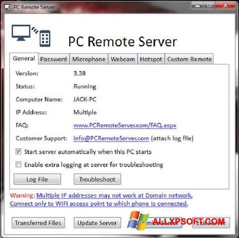 Zrzut ekranu PC Remote Server na Windows XP