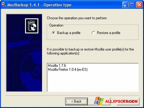 Zrzut ekranu MozBackup na Windows XP
