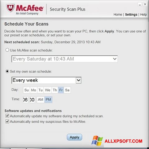 Zrzut ekranu McAfee Security Scan Plus na Windows XP