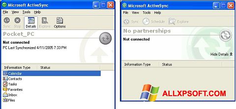 Zrzut ekranu Microsoft ActiveSync na Windows XP