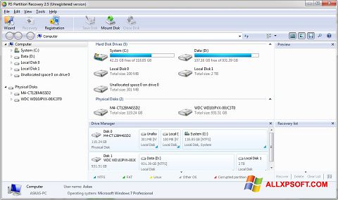 Zrzut ekranu RS Partition Recovery na Windows XP