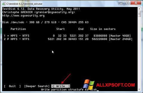 Zrzut ekranu TestDisk na Windows XP