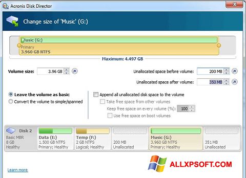 Zrzut ekranu Acronis Disk Director Suite na Windows XP