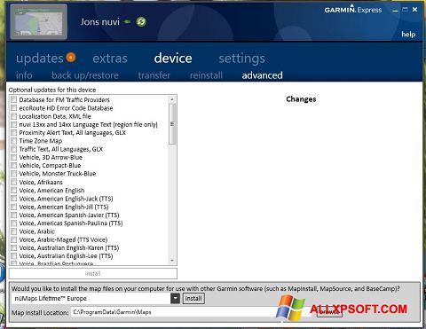Zrzut ekranu Garmin Express na Windows XP