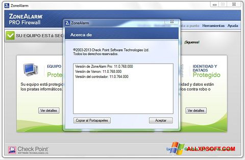Zrzut ekranu ZoneAlarm na Windows XP