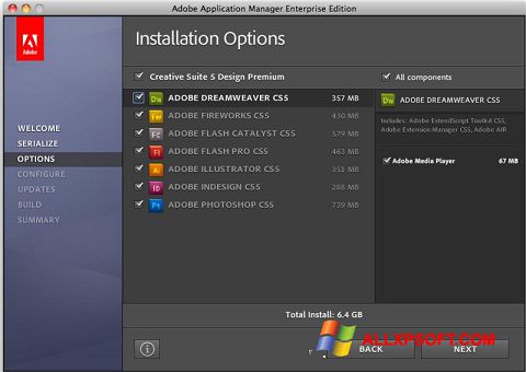 Zrzut ekranu Adobe Application Manager na Windows XP