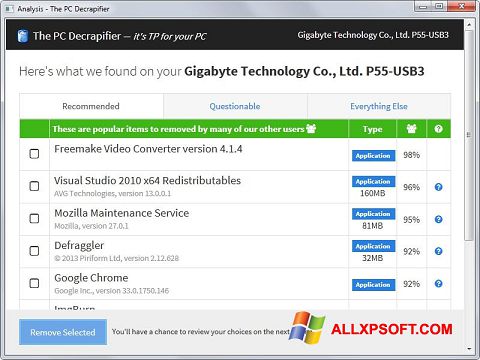 Zrzut ekranu PC Decrapifier na Windows XP