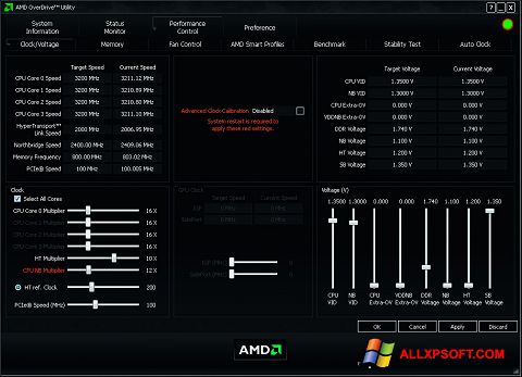 Zrzut ekranu AMD Overdrive na Windows XP