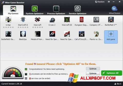 Zrzut ekranu Wise Game Booster na Windows XP