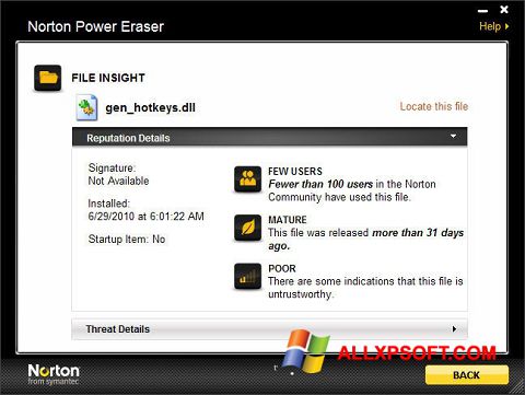 Zrzut ekranu Norton Power Eraser na Windows XP