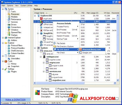 Zrzut ekranu System Explorer na Windows XP