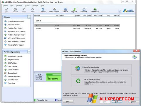 Zrzut ekranu AOMEI Partition Assistant na Windows XP