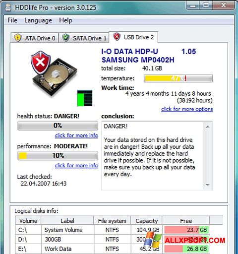 Zrzut ekranu HDDlife na Windows XP