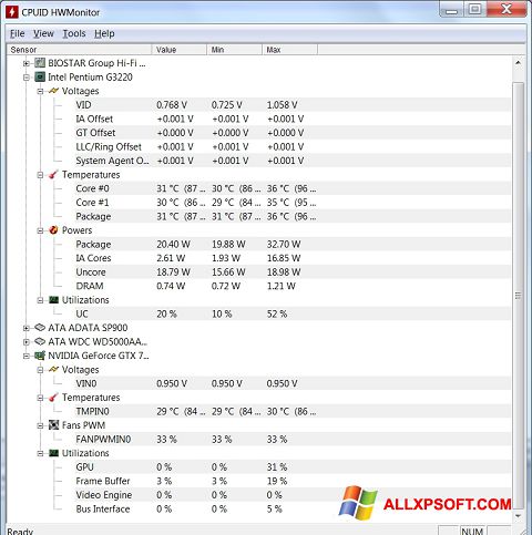Zrzut ekranu HWMonitor na Windows XP