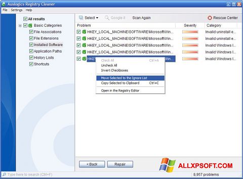 Zrzut ekranu Auslogics Registry Cleaner na Windows XP