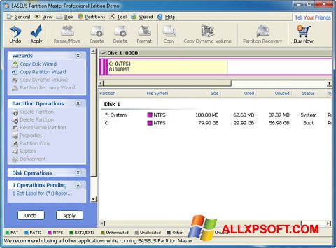 Zrzut ekranu EASEUS Partition Master na Windows XP