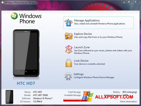 Zrzut ekranu Windows Phone Device Manager na Windows XP
