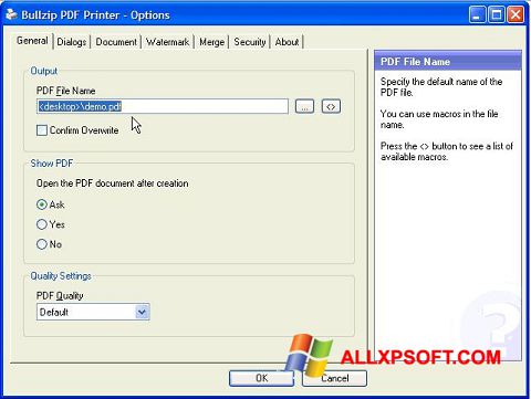Zrzut ekranu BullZip PDF Printer na Windows XP