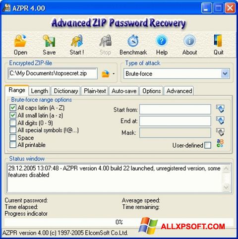 Zrzut ekranu Advanced Archive Password Recovery na Windows XP