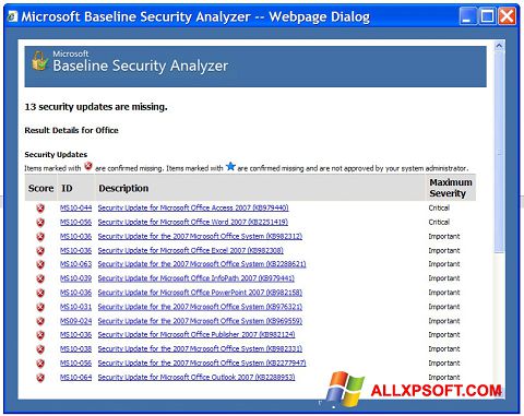 Zrzut ekranu Microsoft Baseline Security Analyzer na Windows XP