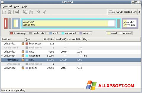 Zrzut ekranu GParted na Windows XP