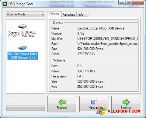 Zrzut ekranu USB Image Tool na Windows XP