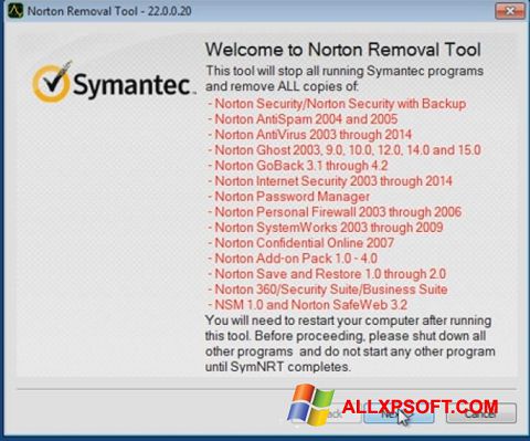 Zrzut ekranu Norton Removal Tool na Windows XP