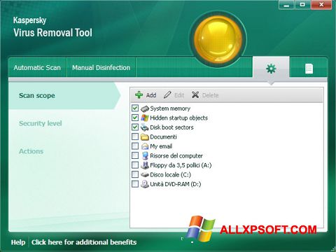 Zrzut ekranu Kaspersky Virus Removal Tool na Windows XP