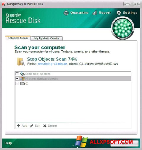 Zrzut ekranu Kaspersky Rescue Disk na Windows XP