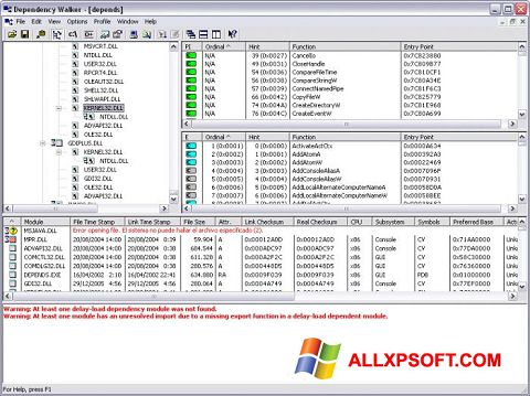 Zrzut ekranu Dependency Walker na Windows XP