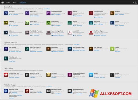 Zrzut ekranu Adobe Creative Cloud na Windows XP