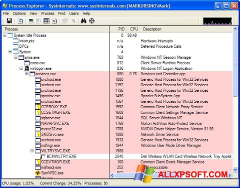 Zrzut ekranu Process Explorer na Windows XP