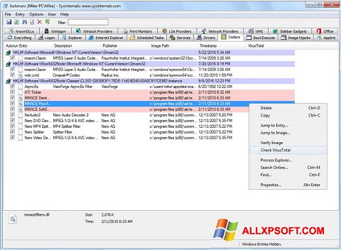 Zrzut ekranu AutoRuns na Windows XP
