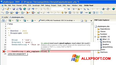 Zrzut ekranu phpDesigner na Windows XP