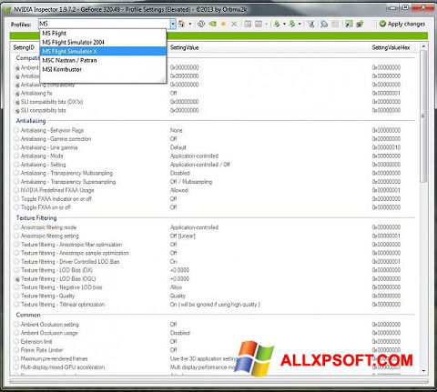 Zrzut ekranu NVIDIA Inspector na Windows XP