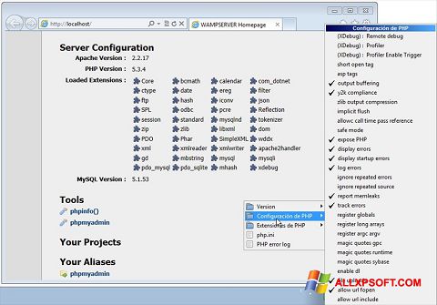 Zrzut ekranu WampServer na Windows XP