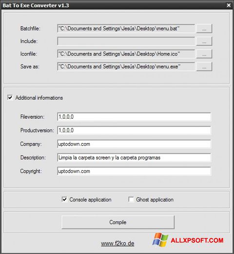 Zrzut ekranu Bat To Exe Converter na Windows XP