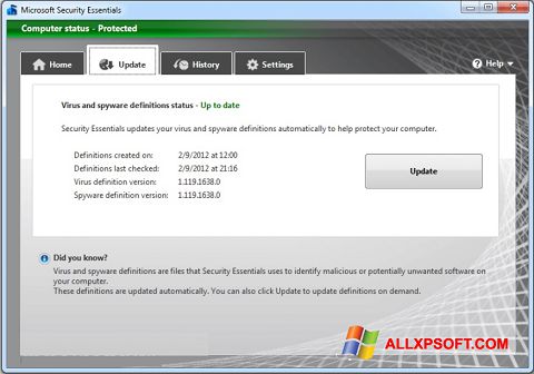 Zrzut ekranu Microsoft Security Essentials na Windows XP